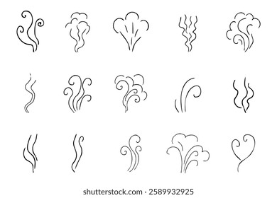 Steam smoke hand drawn line comic doodle. Aroma trail, cloud or wind silhouette. Smells hot air fragrance evaporate set. . Vector illustration