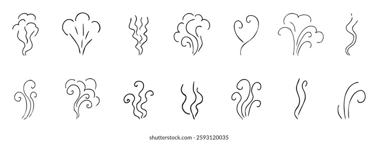 Steam smoke hand drawn line comic doodle. Aroma trail, cloud or wind silhouette. Smells hot air fragrance evaporate set. 