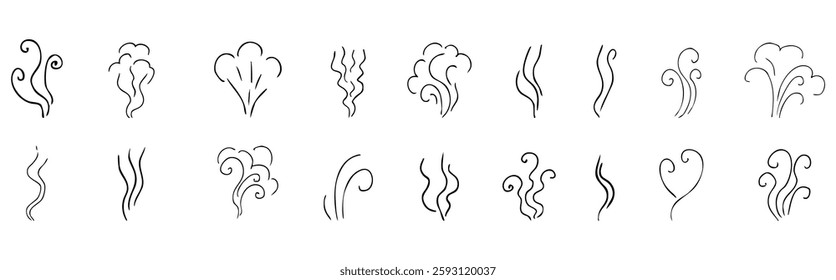 Steam smoke hand drawn line comic doodle. Aroma trail, cloud or wind silhouette. Smells hot air fragrance evaporate set. 