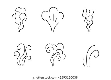 Steam smoke hand drawn line comic doodle. Aroma trail, cloud or wind silhouette. Smells hot air fragrance evaporate set. 