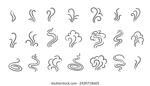 Steam and smoke lines icons set. Air wind and scent linear collection, heat waves or aroma from cooking food and hot coffee, gas and fumes. Steam swirls icons of doodle style vector illustration