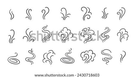 Steam and smoke lines icons set. Air wind and scent linear collection, heat waves or aroma from cooking food and hot coffee, gas and fumes. Steam swirls icons of doodle style vector illustration