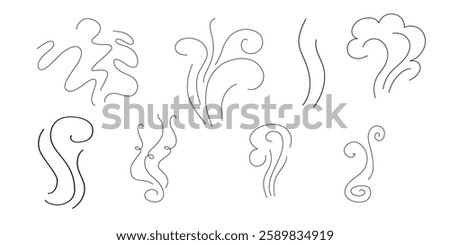 Steam and smoke lines icons set. Air wind and scent linear collection, heat waves or aroma from cooking food and hot coffee, gas and fumes. Steam swirls icons of doodle style vector illustration