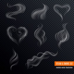 Steam Smoke Realistic Set With Hart And Swirl Shaped White On Dark Transparent Background Isolated Vector Illustration