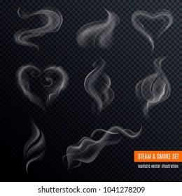 Steam smoke realistic set with hart and swirl shaped white on dark transparent background isolated vector illustration - Shutterstock ID 1041278209