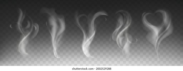 Steam Smoke Realistic Set With Heart And Swirl Shape On Dark Transparent Background. White Fume Waves Of Hot Drink, Coffee, Cigarettes, Tea Or Food. Mockup Of Flow Mist Swirls. Fog Effect Concept.