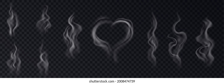 El humo de vapor es realista y está aislado con el corazón y el vapor blanco en forma de remolino sobre fondo transparente negro. Colección de efectos de vapor. 3.ª ilustración vectorial