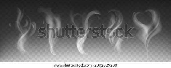 Steam smoke realistic set with heart and swirl\
shape on dark transparent background. White fume waves of hot\
drink, coffee, cigarettes, tea or food. Mockup of flow mist swirls.\
Fog effect concept.