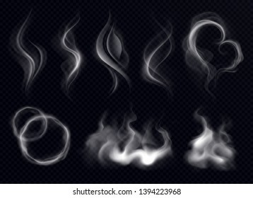 Steam Smoke With Ring And Swirl Shape Realistic Set White On Dark Transparent Background Isolated Vector Illustration