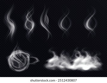 Steam smoke with ring and swirl shape realistic set white on dark transparent background isolated