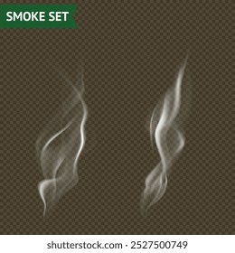 Steam smoke with ring and swirl shape realistic set white on dark transparent background isolated
