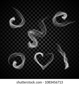 Steam smoke set isolated on black background. Collection for web site,poster,placard,backdrop, wallpaper and card template. Realistic effect. Creative art concept,vector illustration,eps 10