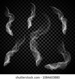 Steam smoke set isolated on black background. Collection for web site,poster,placard,backdrop, wallpaper and card template. Realistic effect. Creative art concept,vector illustration,eps 10