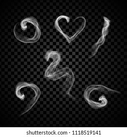 Steam smoke set isolated on black background. Collection for web site,poster,placard,backdrop, wallpaper and card template. Realistic effect. Creative art concept,vector illustration,eps 10
