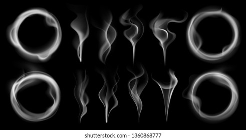 Steam smoke shapes. Smoking vapor streams, steaming vaping ring and vapor waves translucent. Hookah, cigarette or vape smoke fog motion. Realistic 3D effect isolated vector symbols set
