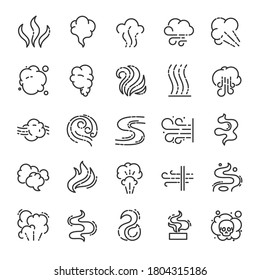 Steam, smoke, smell, icon set. Clouds of different shapes, linear icons. Line with editable stroke