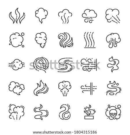 Steam, smoke, smell, icon set. Clouds of different shapes, linear icons. Line with editable stroke