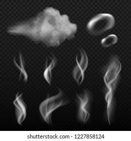 Steam and smoke. Vape shapes hot kitchen smell vector realistic pictures