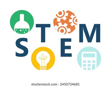 Educación STEAM y STEM. STEAM, LABORATORIO DE TALLOS. Ciencia, Tecnología, Ingeniería, Artes, Matemáticas. Ilustración vectorial.