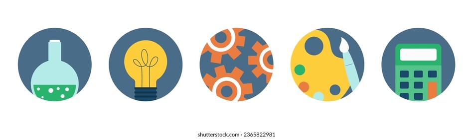  STEAM and STEM education Web icons.  Science, Technology, Engineering, Arts, Mathematics. Vector illustration.