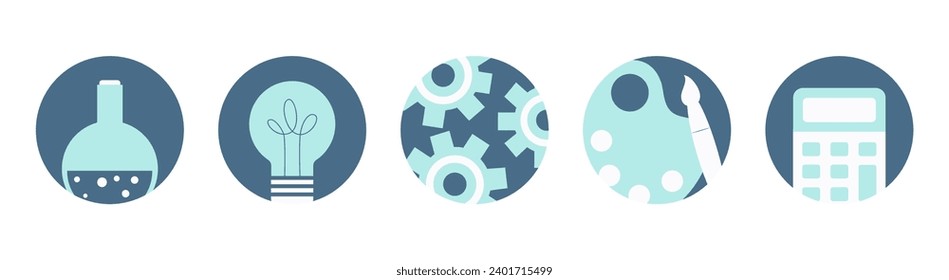  Iconos Web de educación STEAM y STEM Education.  Ciencia, Tecnología, Ingeniería, Artes, Matemáticas. Ilustración vectorial.