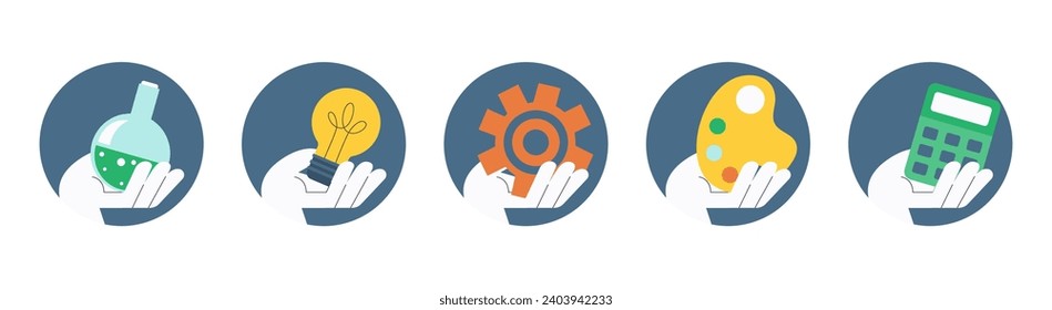  STEAM and STEM education Web icons.  Science, Technology, Engineering, Arts, Mathematics. Vector illustration.