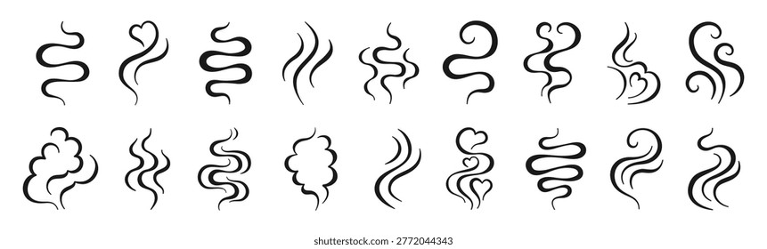 Steam and swirl smoke icon set hand drawn doodle comic set. Flowing swirls curved lines representing aroma waves comic scent. Minimal linear symbols soft abstract vapor shapes and dynamic air fluid