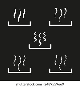 Steam symbol icons. Five variations. Black background. Minimalist design.