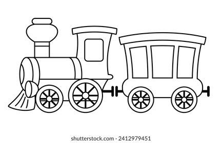 steam train - black and white cartoon vector illustration of steam locomotive and passenger railroad car, isolated on white background