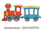steam train - color cartoon vector illustration of steam locomotive and passenger railroad car, isolated on white background