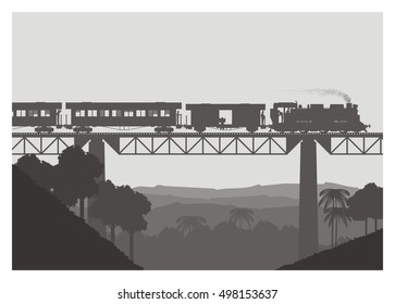 steam train crossing the bridge, silhouette style