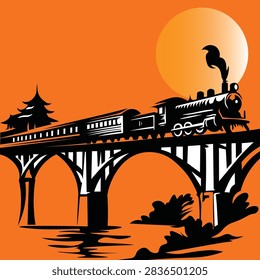Steam train crossing a bridge at sunset with oriental architecture silhouette