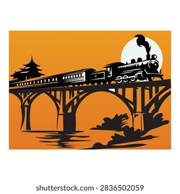 Steam train crossing a bridge at sunset with oriental architecture silhouette