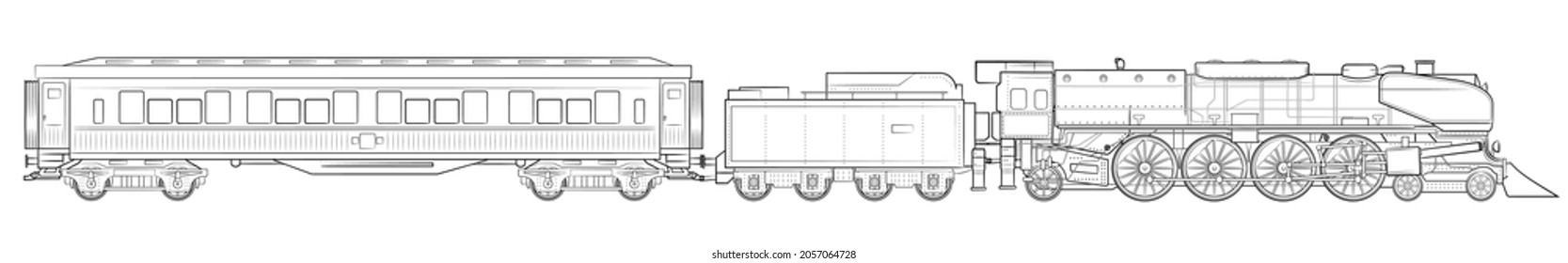 Steam train - illustration of locomotive with tender and railroad sleeping car.