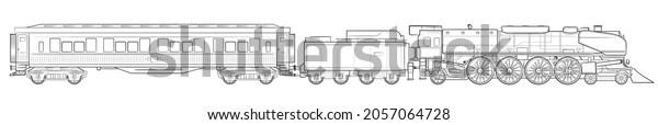 Steam train - illustration of locomotive\
with tender and railroad sleeping\
car.