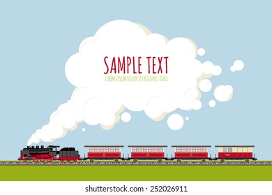 Steam Train in Landscape with copy space template. Historic locomotive and wagons on railroad track, copy space in steam, flat design, no gradients or transparencies. Sample text on separate layer.