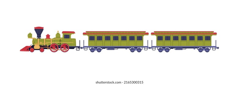 Steam Train or Locomotive Pulling Passenger Wagon Vector Illustration