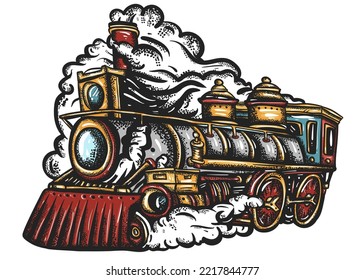 Steam train. Old school tattoo vector art. Hand drawn graphic. Isolated on white. Traditional flash tattooing