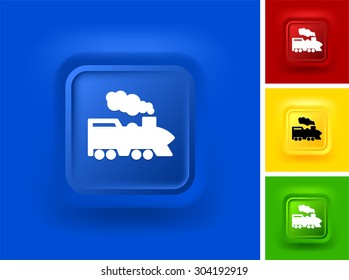 Steam Train on Blue Bevel Square Button