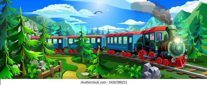 Steam train rides in the woods among the green trees and mountains. Vector locomotive.