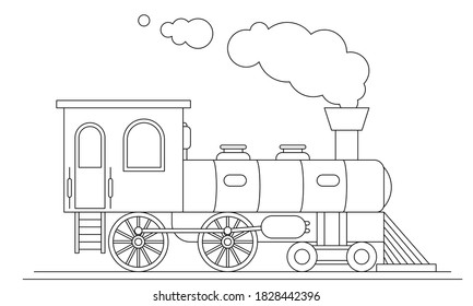 Steam Train Side View Outline Isolated On White Background. Coloring Page. Vector Illustration.