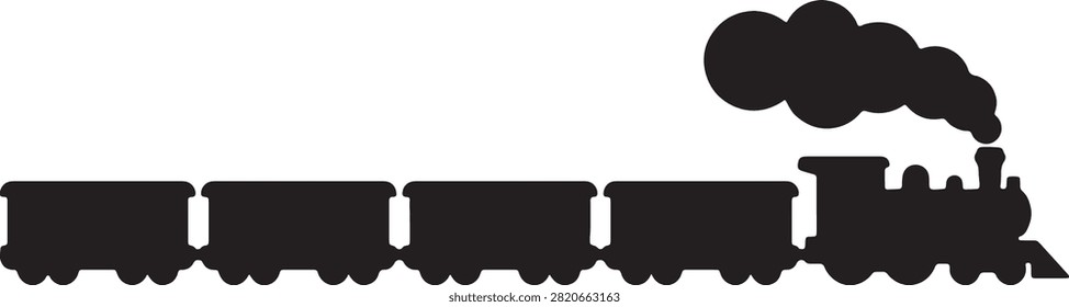 Steam train silhouette icon with carriages and smoke plume.