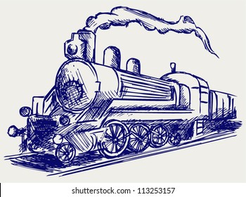 Steam train with smoke. Doodle style