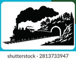 Steam train with smoke exiting tunnel surrounded by rocky hills and trees