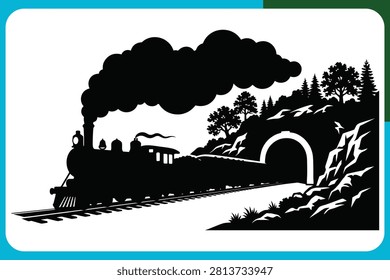 Steam train with smoke exiting tunnel surrounded by rocky hills and trees