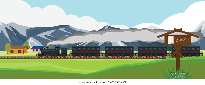 A steam train that runs on rails passing through a flat area with a home. And high mountains as a background image.