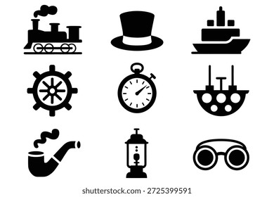 Steam train top hat ship steering wheel stopwatch submarine pipe lantern goggles