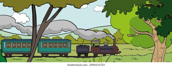 Steam train. Traveling people vector illustration. Old passenger carriage. railway station