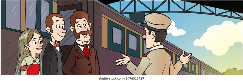 Steam train. Traveling people vector illustration. Old passenger carriage. railway station