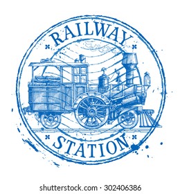 Steam train vector logo design template. Shabby stamp or locomotive icon